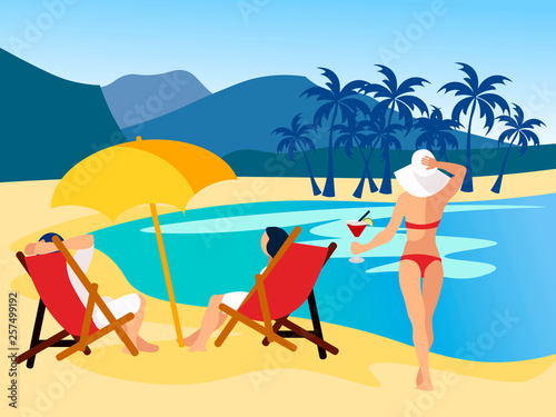 Relax on the beach. Drawing a dream, people at sea, a desert island. In minimalist style Cartoon flat Vector