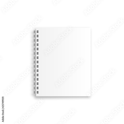 Notebook mockup, with place for your image. Blank realistic spiral notepad, notebook isolated on white background. Vector illustration.