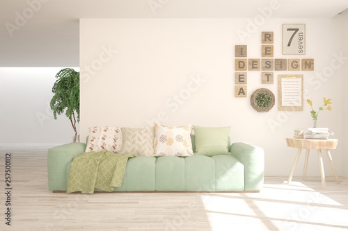 White stylish minimalist room with sofa. Scandinavian interior design. 3D illustration