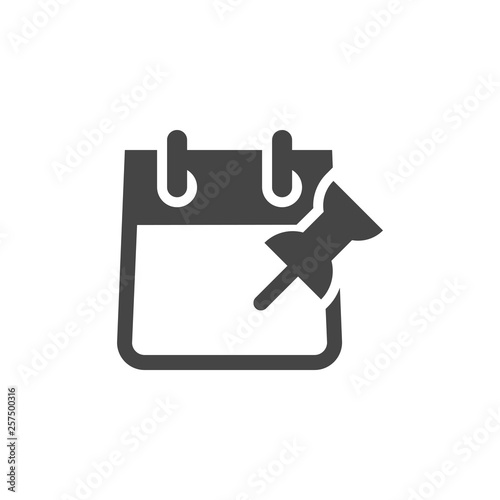 Calendar with Push Pin Button Label Isolated. Business Pplanning, Record Keeping and Dates, Marking Important Meetings, Events Concept. Vector Icons for Web and App in Glyph Style photo