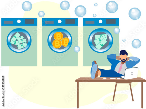 Money laundering. A man in dry cleaning erases dolar and bitcoins. In minimalist style Cartoon flat Vector