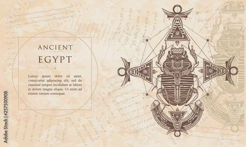 Scarab, ancient Egypt, mythology. Symbol of pharaoh, gods Ra. Renaissance background. Medieval manuscript, engraving art