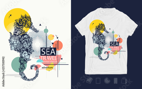 Sea horse, zine culture style. Print for t-shirts and another, trendy apparel design. Symbol of freedom, adventure. Sea travel slogan
