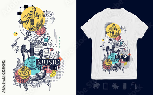 Electric guitar  roses and notes. Zine culture style. Symbol of rock festivals. Music my life slogan. Print for t-shirts and another  trendy apparel design