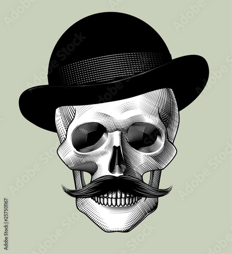 Human skull full face with black hat and mustache