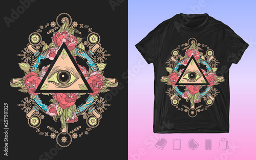 All seeing eye. Print for t-shirts and another, trendy apparel design. Freemason and spiritual symbols. Alchemy, medieval religion, occultism