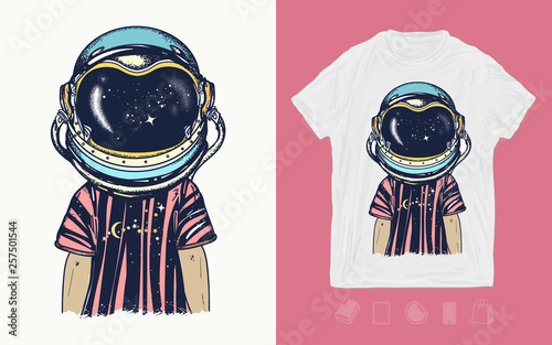 Boy in astronaut helmet. Print for t-shirts and another, trendy apparel design. Childhood dreams of future