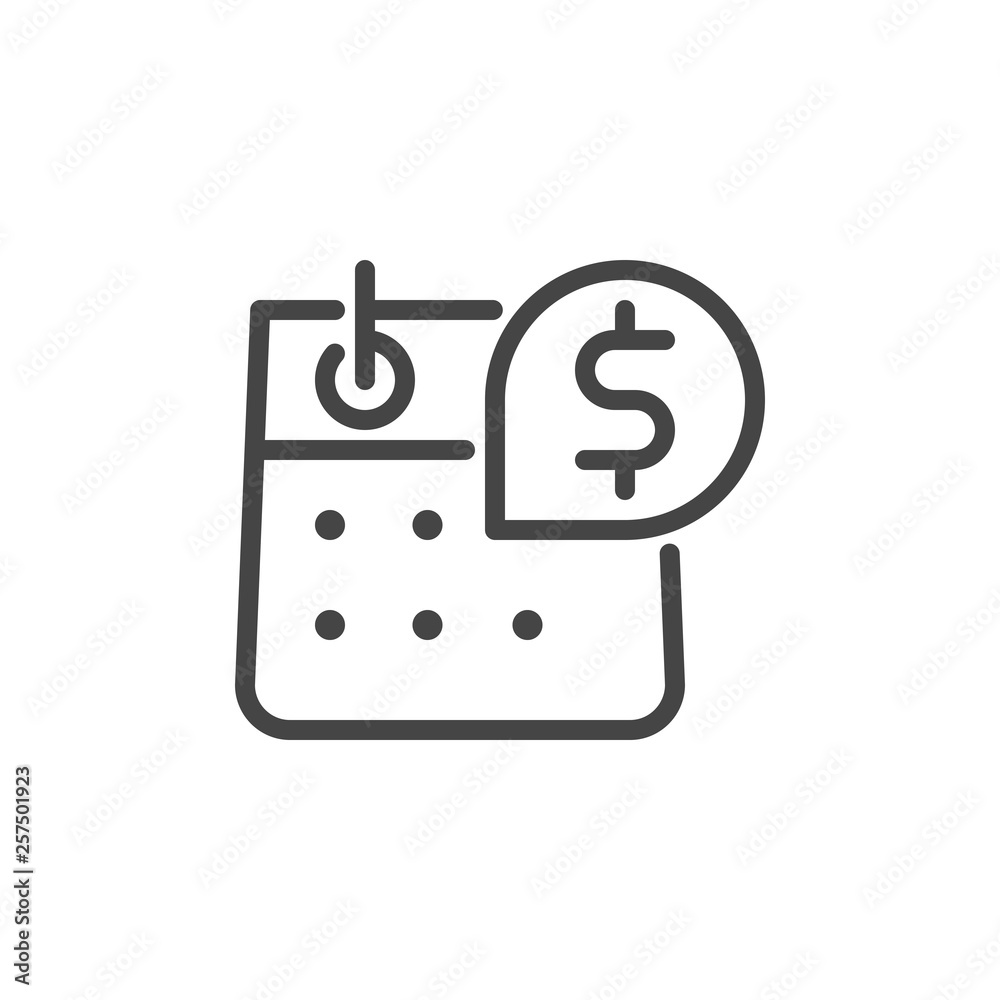 Calendar with Dollar Sign. Day of Salary, Payment, Accrual of Cash Dividends Concept. Time Management Line Sign. Vector Illustration Isolated for Web and App in Outline Style Calendar with Dollar Sign. Day of Salary, Payment, Accrual of Cash Dividends Concept. Time Management Line Sign. Vector Illustration Isolated for Web and App in Outline Style