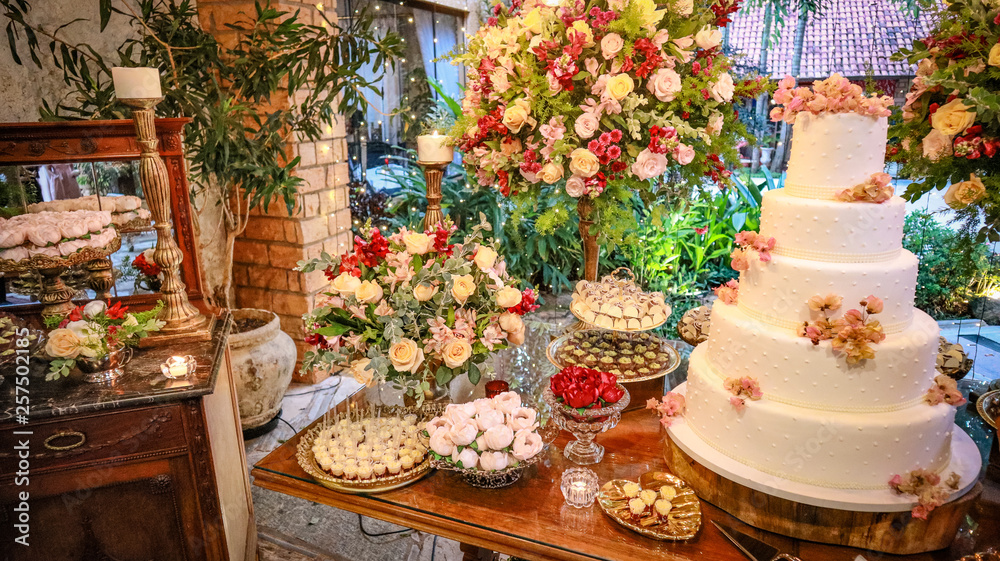 Beautiful wedding cake at wedding reception Beautiful wedding cake at wedding reception