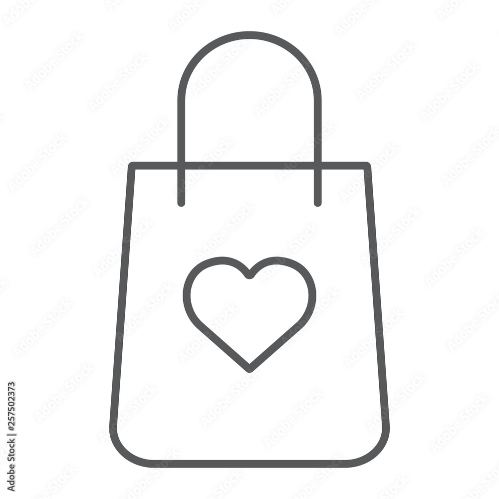 Shopping bag with heart thin line icon, package and gift, gift bag sign, vector graphics, a linear pattern on a white background.