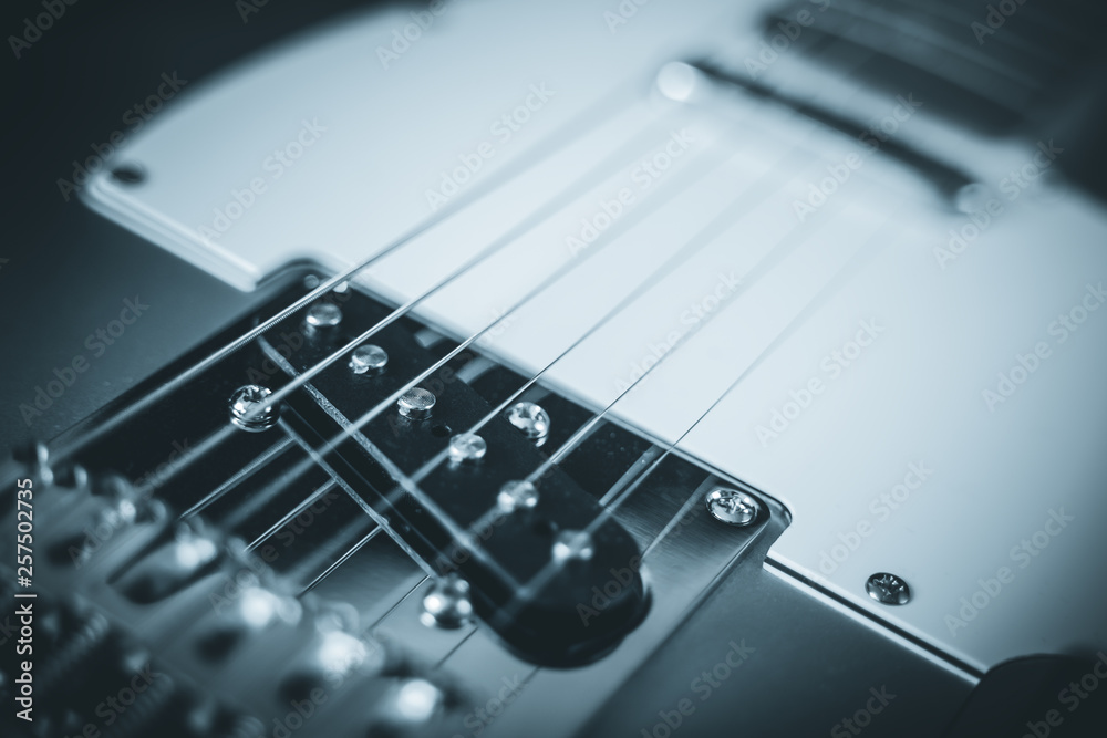 Fototapeta premium Guitar electric rock background. Single coil pickup close-up, shallow depth of field. Blue toned filter