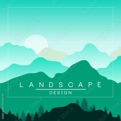 Beautiful peaceful mountains and hills landscape in day time, nature background in green colors for banner, flyer, poster and cover, vector ilustration