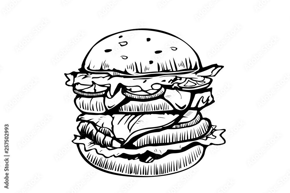 Burger vector logo design template. Fast food or restaurant icon. Hand drawn illustration of hamburger burger sandwich sketch style. Burger vector logo design template. Fast food or restaurant icon. Hand drawn illustration of hamburger burger sandwich sketch style.