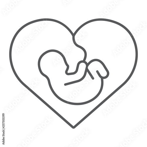 Newborn in heart thin line icon, love and child, heart with baby sign, vector graphics, a linear pattern on a white background.