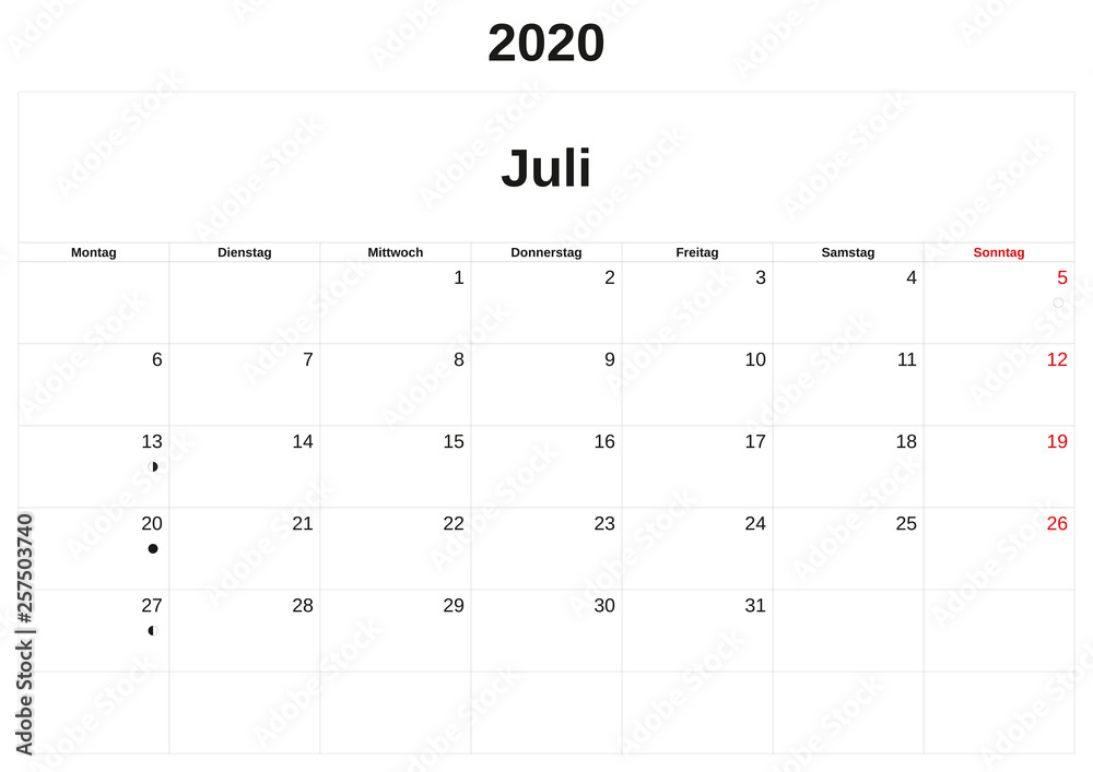 2020 a monthly calendar with white background in German. 2020 a monthly calendar with white background in German.