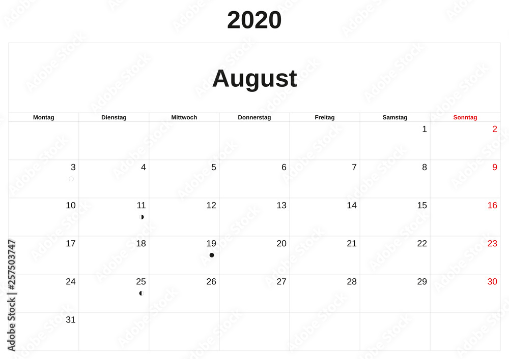2020 a monthly calendar with white background in German. 2020 a monthly calendar with white background in German.