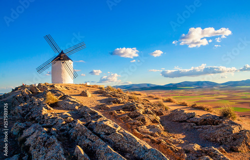 Spanish windmills on hill in Consuegra, Toledo, Spain.