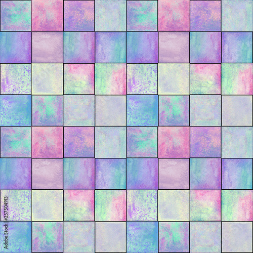 Abstract geometric seamless pattern with squares. Colorful watercolour artwork.