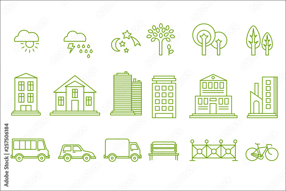 City icons set, buildings, transport, trees, weather clouds, design elements for city map line vector Illustrations on a white background