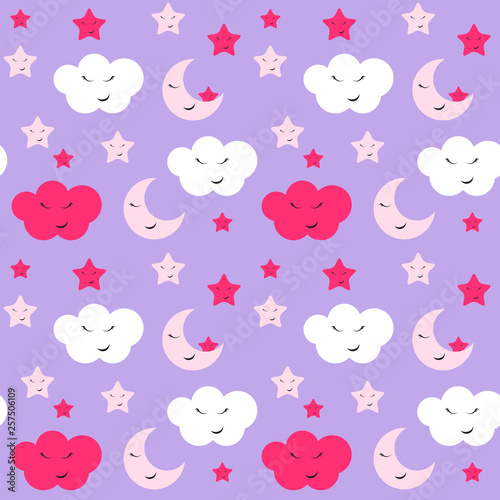 Fototapeta Cute Star, Cloud and Moon Seamless Pattern Background Vector Illustration