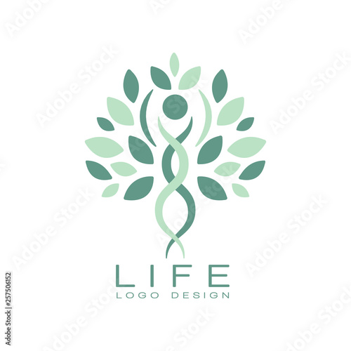 Abstract life logo design with green leaves and human silhouette. Healthy lifestyle theme. Flat vector emblem for medical care or wellness center