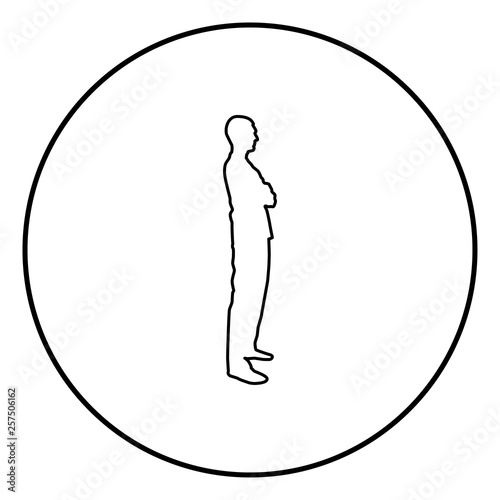 Man standing with hands crossed Dentist surgeon in medical clothes with folded hands on his chest Concept of the end of surgery operation Side view icon outline black color vector in circle round