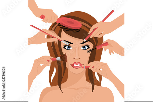Beautiful model woman and many hands with cosmetics brush doing makeup vector Illustration on a white background