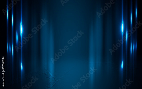 Background of empty dark scene. Background of empty street at night. Wet asphalt, reflection of neon multi-colored light. Fog, smoke, spotlight