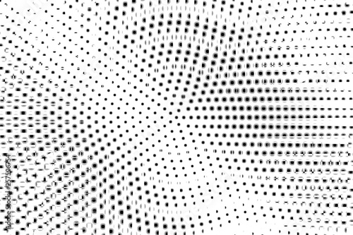 Black white blurry halftone vector background. Centered dot gradient. Grungy dotwork surface. Round dotted halftone