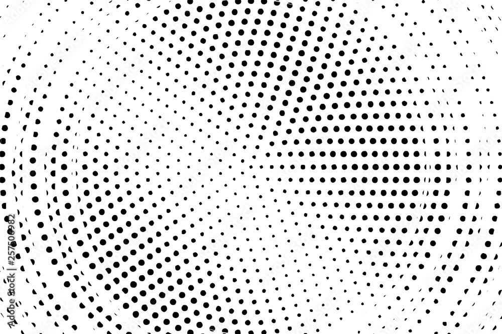 Black and white halftone vector background. Centered dot gradient. Round dotwork surface. distorted dotted halftone.