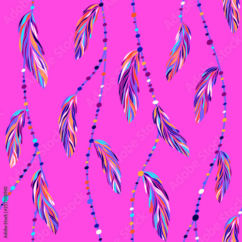 Colorful exotic tropical bird feathers, boho threads and beads seamless vector pattern.