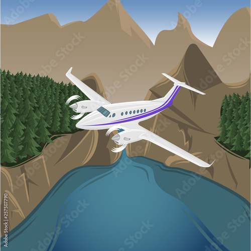 Mountains aerial view vector illustration. Mountain landscape with small plane
