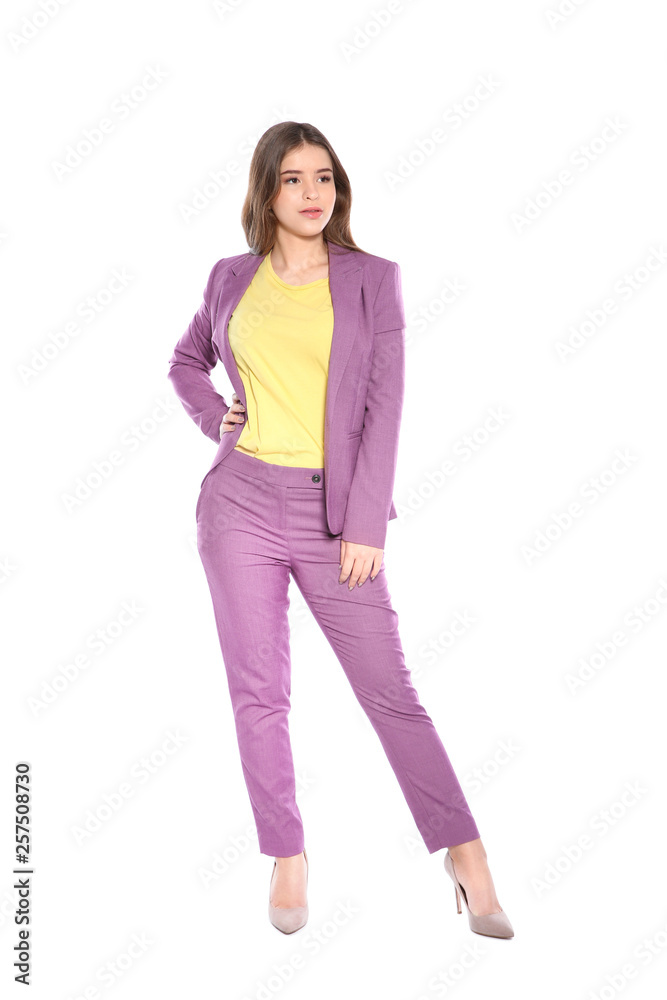 Attractive girl in stylish suit on white background Attractive girl in stylish suit on white background