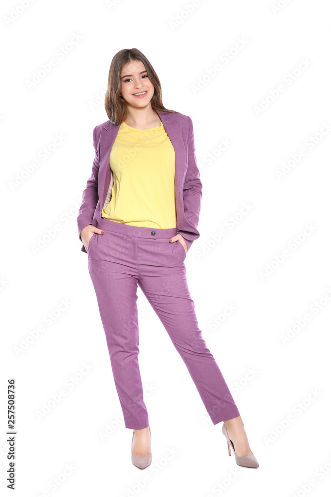 Attractive girl in stylish suit on white background Attractive girl in stylish suit on white background