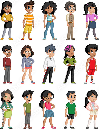 Group of cartoon black children. Teenagers.