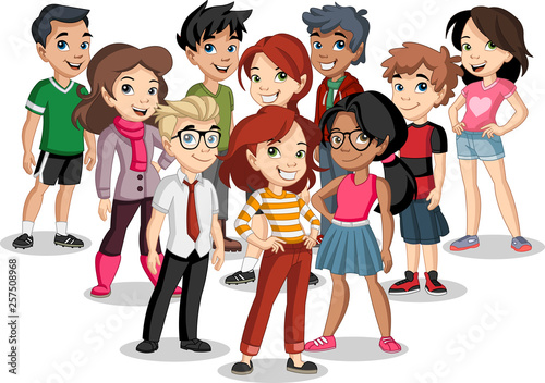 Group of cartoon young children. Teenagers.