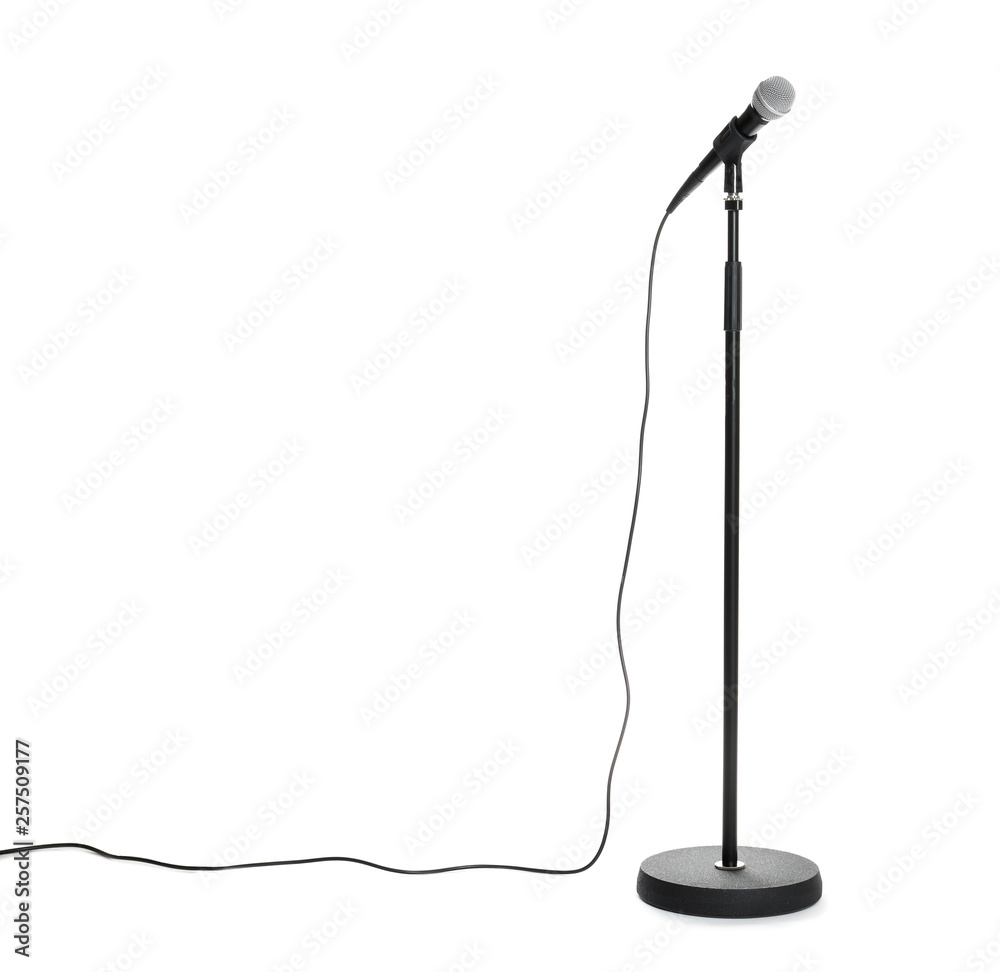 Stand with modern microphone on white background Stock Photo | Adobe Stock