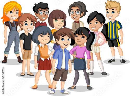 Group of cartoon young children. Teenagers.