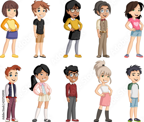 Group of cartoon young children. Teenagers.