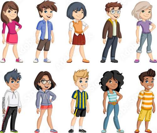 Group of cartoon young children. Teenagers.