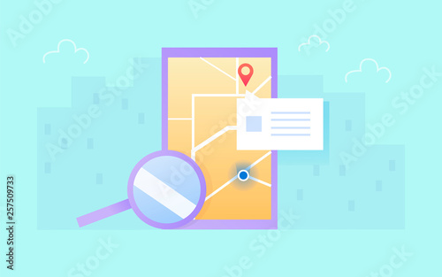 Mobile gps and tracking concept. Location track app on the touchscreen device. Red pin pointer on the map. Vector illustration