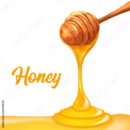 Honey dripping from wooden honey dipper. Graphic concept for your design