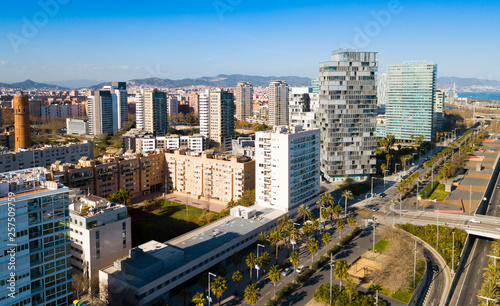 Barcelona, Spain - March 05, 2019: Modern high-rise buildings in the coastal residential areas of Diagonal Mar and Poblenou