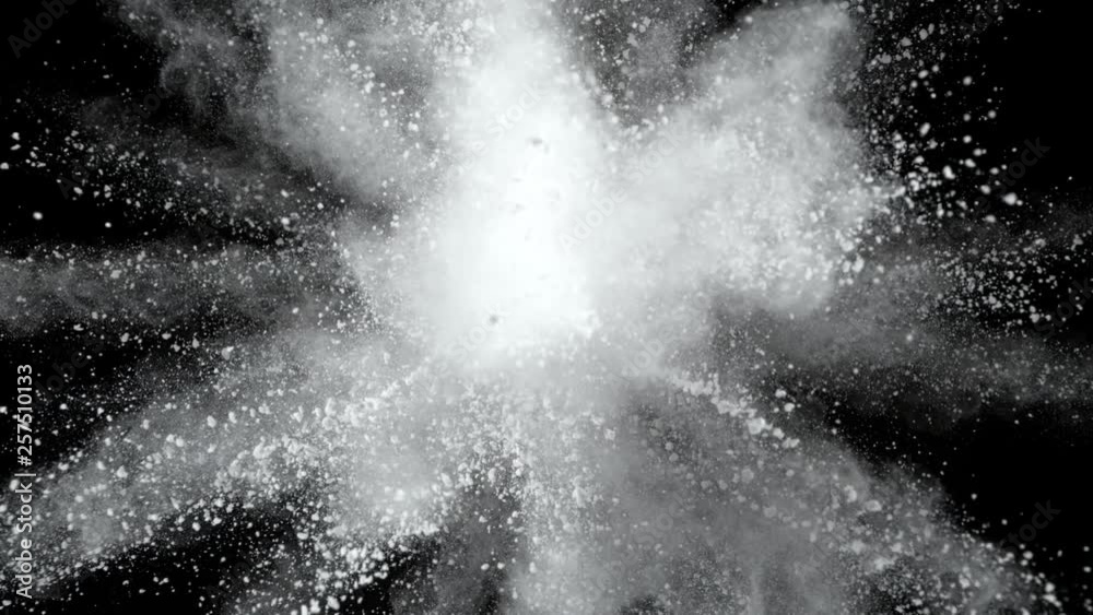 Super slowmotion shot of white powder explosion isolated on black background.