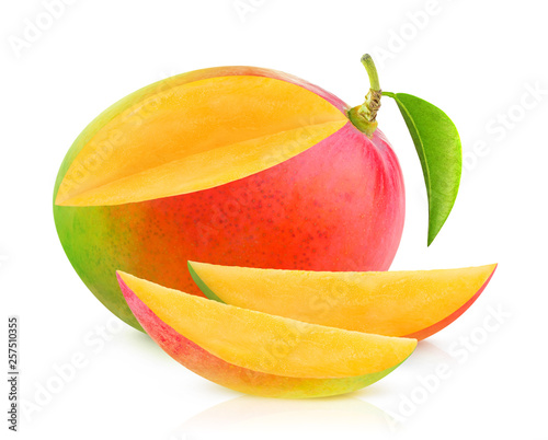 Isolated mango. One mango fruit with cut out slices isolated on white background with clipping path