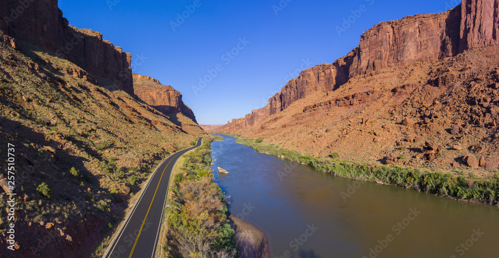 Fototapeta premium Colorado River aerial view panorama near Arches National Park, Moab, Utah, USA.