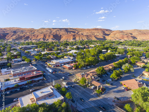 Moab city center and historic buildings aerial view in summer, Utah, USA. photo