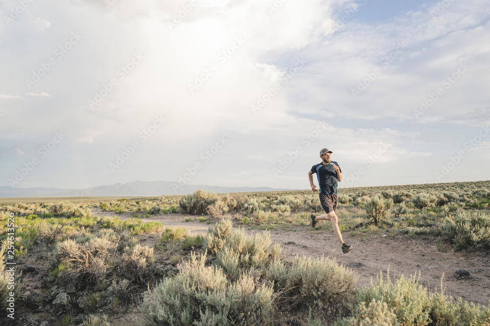 Man trail running through sagebrush desert, Taos, New Mexico, USA Man trail running through sagebrush desert, Taos, New Mexico, USA