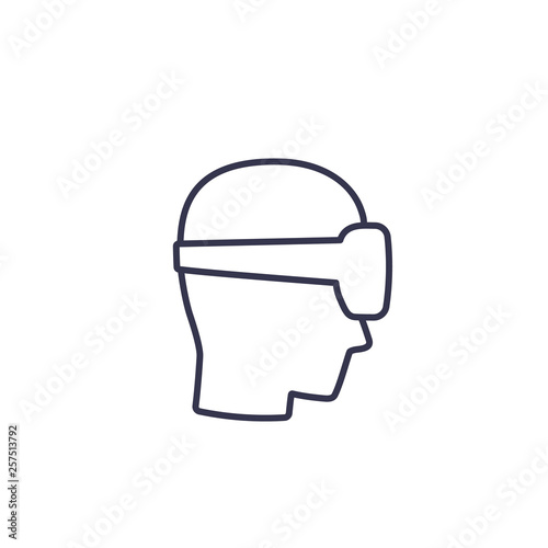 VR helmet, man in virtual reality glasses vector line icon