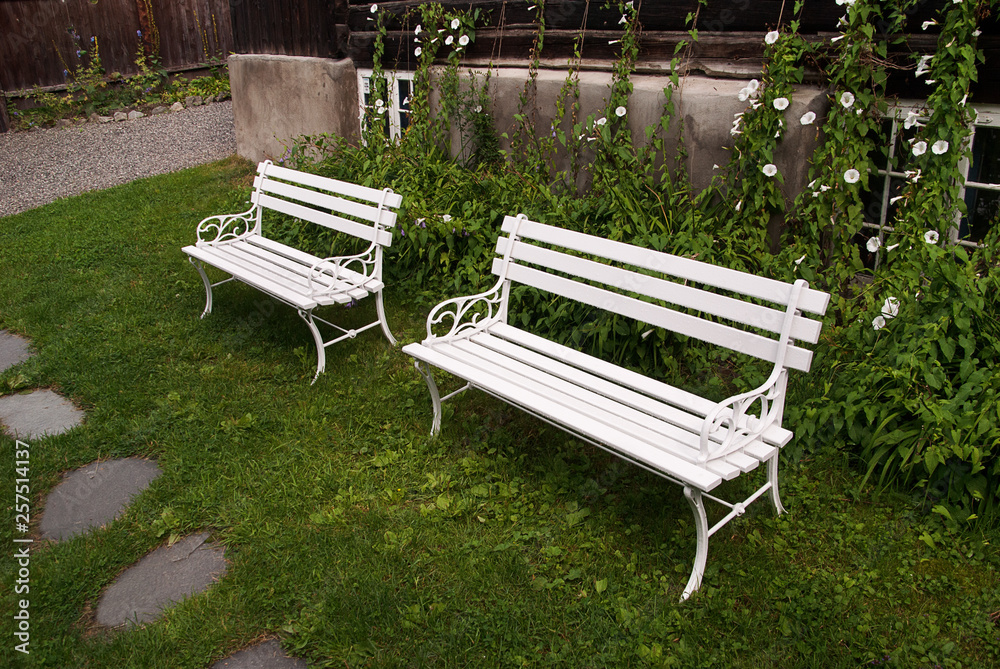 Two white wooden benches in the garden with white flowers behind and slate slabs in the grass. Two white wooden benches in the garden with white flowers behind and slate slabs in the grass.